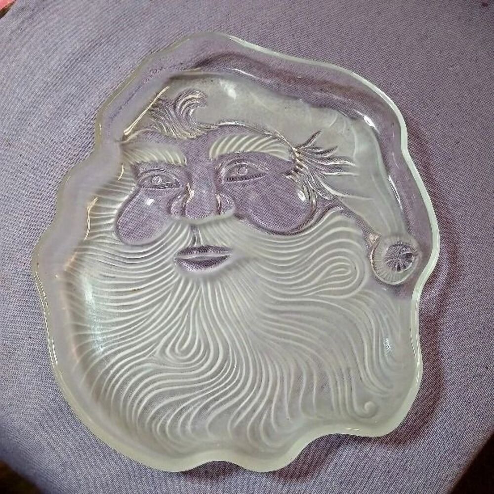 VTG Christmas Celebrations Crystal Clear Glass Santa Plate Serving Dish Frosted